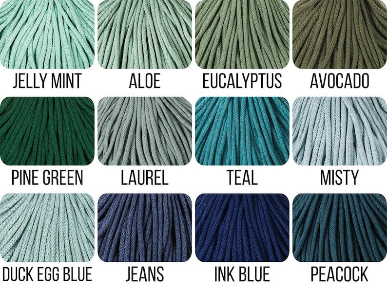 May include: A grid of twelve bundles of cord in various shades of green and blue. Each bundle is labeled with its color name: Jelly Mint, Aloe, Eucalyptus, Avocado, Pine Green, Laurel, Teal, Misty, Duck Egg Blue, Jeans, Ink Blue, and Peacock.