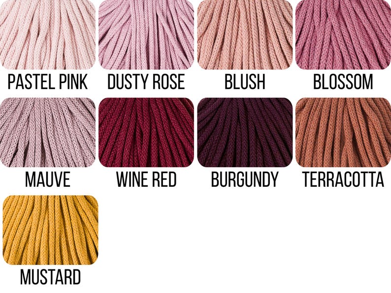 May include: A collection of nine color samples of braided cord arranged in a grid. The colors are labeled as Pastel Pink, Dusty Rose, Blush, Blossom, Mauve, Wine Red, Burgundy, Terracotta, and Mustard, showcasing various shades of pink, red, and yellow.