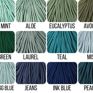 May include: A grid of twelve bundles of cord in various shades of green and blue. Each bundle is labeled with its color name: Jelly Mint, Aloe, Eucalyptus, Avocado, Pine Green, Laurel, Teal, Misty, Duck Egg Blue, Jeans, Ink Blue, and Peacock.