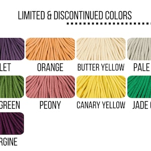 May include: A color chart titled LIMITED & DISCONTINUED COLORS displaying nine swatches of braided cord in violet, orange, butter yellow, pale olive, moss green, peony, canary yellow, jade green, and aubergine, each labeled with its color name.
