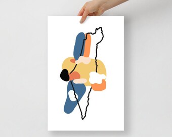 May include: Abstract art print featuring a stylized outline of Israel in black with colorful abstract shapes in blue, yellow, orange, and white.