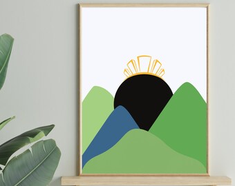 May include: Abstract art print featuring a black sun with a gold outline and green and blue hills. The print is framed and displayed on a wooden shelf.