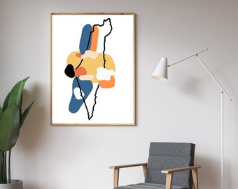 May include: Abstract art print featuring a stylized outline of a geographic shape with colorful abstract shapes in blue, yellow, orange, and white.
