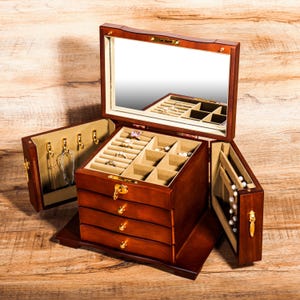 Gravieren Sie 4-Schicht-Holzschmuckschatulle, große Locking-Schmuckorganisator-Aufbewahrung mit Schublade, Schmuckhalter, personalisiertes Geschenk Geburtstagsgeschenk Frau