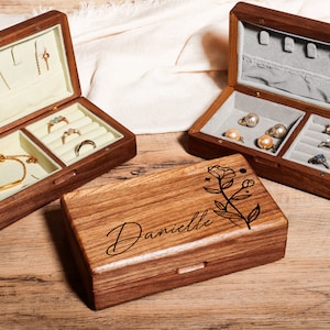 Boîte à bijoux de voyage pour femme, Boîte à bijoux gravée personnalisée, Boîte à bijoux de demoiselle d'honneur, Organiseur de bijoux, Boîte à bijoux en bois personnalisée