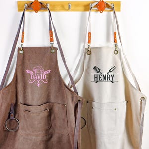 Bartender Apron, Custom Gift for Him, Personalized Bar Apron, Canvas Workshop Apron with Pockets, Embroidered Kitchen Apron, Barbeque Apron