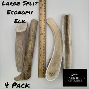 May include: Four pack of large split elk antlers for dogs. The antlers are split lengthwise and are approximately 10 inches long. The antlers are a natural chew toy for dogs.