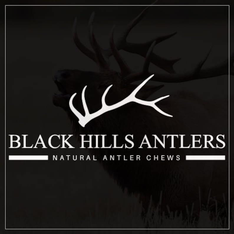 May include: Black Hills Antlers logo featuring a white silhouette of an elk's antlers against a black background. The text "Black Hills Antlers" and "Natural Antler Chews" is in white.