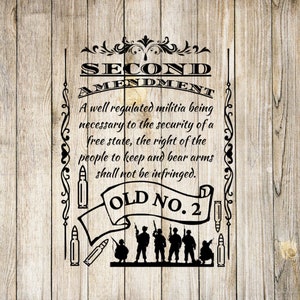 以下が含まれることがあります： 「第二修正条項」と「Old No. 2」のテキストが書かれた白黒のグラフィックデザイン。テキストは装飾的な飾りで囲まれています。グラフィックには、兵士と弾丸のシルエットも含まれています。