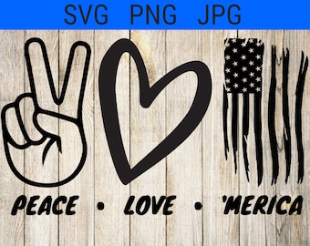 Peace Love Merica SVG, png, jpg, Peace sign svg, heart svg, tattered American flag svg Instant Download
