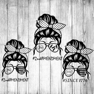 May include: Three black and white illustrations of women with a messy bun hairstyle wearing a headband with a star pattern. Each woman is wearing sunglasses with different designs. The text #2ndAmendment and #SINCE 1776 are included in the image.