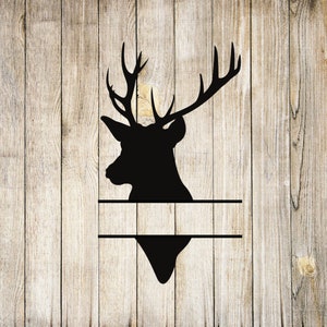 May include: Black silhouette of a deer head with antlers, with a blank space for a name below.