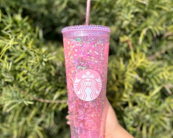 Glitter pink Starbucks tumbler, Starbucks snow globe, glitter tumbler, personalized tumbler
