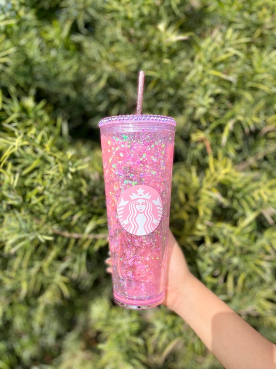 Vaso Starbucks rosa brillo, globo de nieve Starbucks, vaso brillo