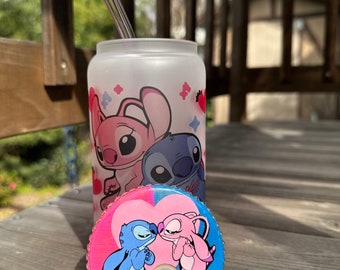 Lata de vidrio de Stitch y Ángel, lata de vidrio de Disney, Lilo y Stitch, vaso de bola de nieve
