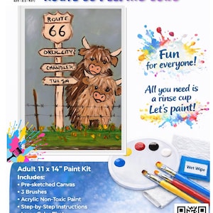 May include: An 11 x 14 inch paint kit featuring a pre-sketched canvas of two brown Highland cows peeking behind a Route 66 signpost with Oklahoma city names. The kit includes three paintbrushes, a white mixing palette, acrylic paints, and a wet wipe.