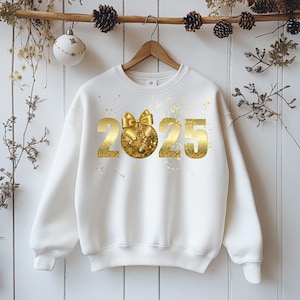 Gelukkig nieuwjaar 2025 png, gouden strik png, nieuwjaar png, glitter discobal png