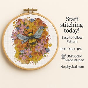 Bee Cross Stitch Pattern Pdf – Floral Honeycomb Embroidery – Instant Download – XSD JPG PDF