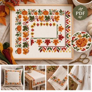 May include: A cross-stitch pattern on fabric featuring a border of orange pumpkins, red and yellow autumn leaves, and green vines. The design is displayed in a wooden frame with embroidery floss, scissors, and examples on a pillow and cloth.