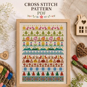 May include: A cross stitch pattern PDF featuring a series of horizontal rows with colorful motifs including birds, trees, houses, flowers, mountains, waves, ducks, pumpkins, mushrooms, snowflakes, and geometric borders on a light fabric background.