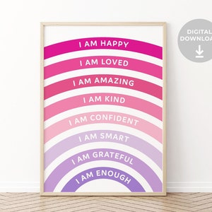 Afirmaciones positivas para niños / Afirmaciones "Yo soy" / Arte mural para niñas arcoíris / Póster de afirmaciones rosa / Dormitorio de niñas / Póster morado rosa