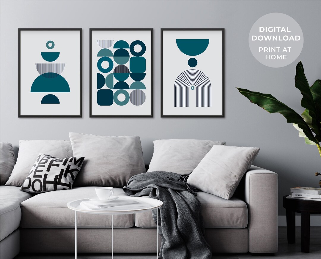 Teal Wall Art Set of 3 | Digital Download | Geometric Art | Mid Century ...