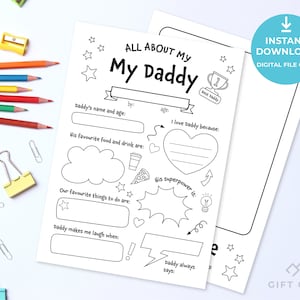 Op de afbeelding: Een printbaar werkblad voor kinderen om in te vullen over hun vader. Het werkblad heeft een titel die zegt "Alles over mijn papa" en bevat prompts zoals "Papa's naam en leeftijd", "Ik hou van papa omdat", "Zijn superkracht is" en "Papa zegt altijd".