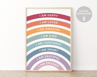 Puede incluir: Un póster imprimible con un diseño de arcoíris y el texto "Soy feliz", "Soy amado", "Soy increíble", "Soy amable", "Soy seguro", "Soy inteligente", "Soy agradecido" y "Soy suficiente".