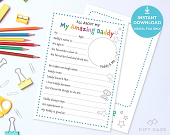 Personalised 'All About My Daddy' Printable Gift | Fathers Day Gift | Daddy Birthday gift from child (Digital Download)