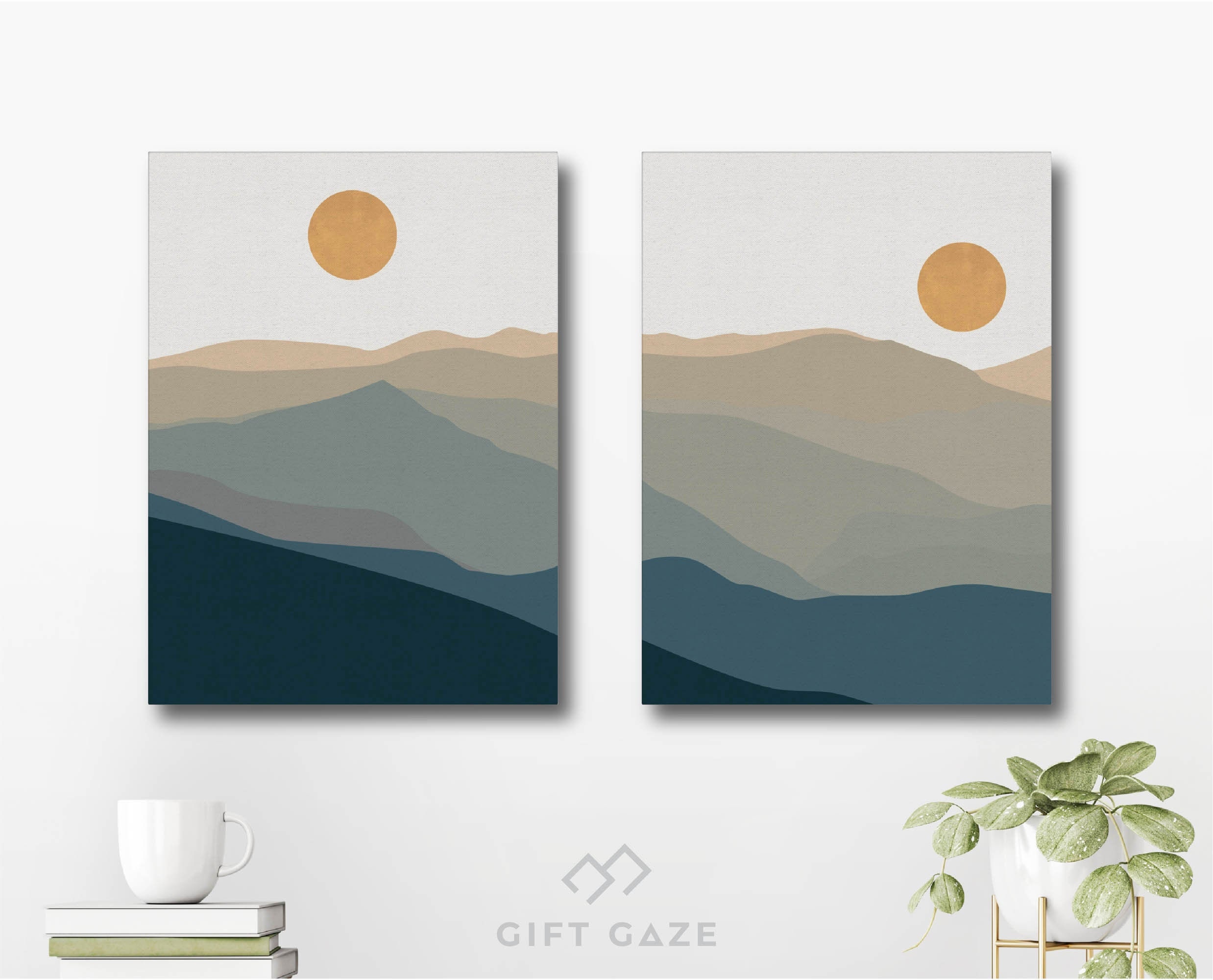 Set of 2 Abstract Mountain Canvas Art Mountain Art Print Moon | Etsy