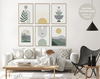Sage Green Boho Gallery Wall Art Prints - Set of 6 (Digital Download)