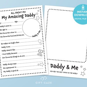 Op de afbeelding: Een printbaar werkblad voor kinderen om in te vullen over hun vader. Het werkblad heeft een titel die zegt "Alles over mijn geweldige papa" en bevat prompts zoals "Papas naam is", "Zijn leeftijd is", "Zijn favoriete kleur is", "Zijn favoriete eten en drinken zijn", "Hij maakt me aan het lachen wanneer", "Papa houdt van", "Papa houdt niet van", "Ik hou van papa omdat", "Onze favoriete dingen om te doen zijn", "Papa zegt altijd", "Zijn superkracht is", "Mijn papa is goed in". Het werkblad heeft ook ruimte voor een tekening van de vader.