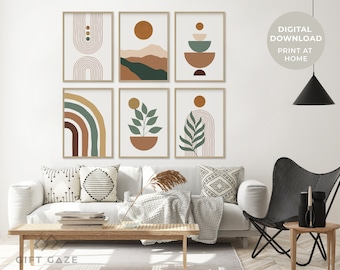 Boho Terracotta Wall Art Set of 6 | Modern Abstract Printable Art | Minimalist Mid Century Decor | Downloadable Prints for Living Room