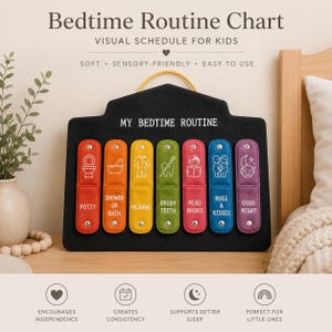May include: A black felt bedtime routine chart with a yellow hanging cord. It features seven colorful vertical tabs labeled Potty, Shower or Bath, Pajamas, Brush Teeth, Read Books, Hugs & Kisses, and Good Night, each with a white icon and text.