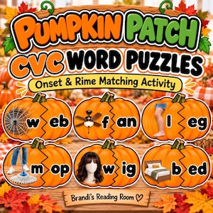 Può includere: Un foglio di attività didattiche Pumpkin Patch CVC Word Puzzles con schede arancioni a forma di zucca. Ogni scheda mostra una parte di parola e un'immagine, tra cui una ragnatela, un ventilatore, una gamba, un mocio, una parrucca e un letto.