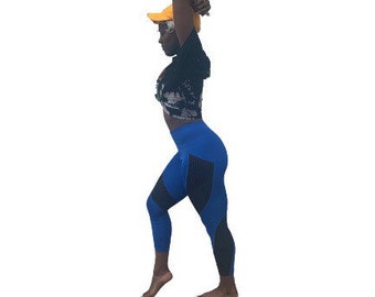 Sports Blue Mesh Leggings Workout Tights Stretch Pants