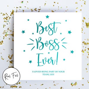 Personalised Best Boss Ever Card, Card for Colleague, Card for Manager, Super Boss, Keepsake Card, Im Leaving, Metallic Foil Greeting Card Turquoise