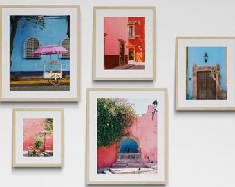 Set of 5 Pink and Blue San Miguel de Allende Mexico Digital Download Art Prints, Mexican Art, Home and Gallery Wall Decor, 5 Piece Wall Art