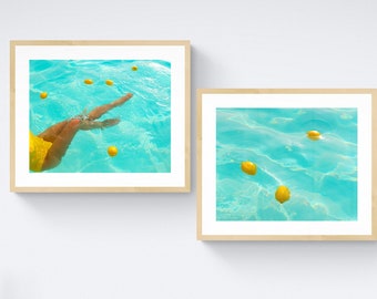 Set of 2 Swimming with Lemons in Palm Springs Pool, Digital Download Art Print, Contemporary Photography, Colorful Home and Wall Decor
