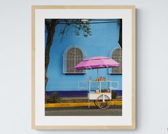 Blue Wall and Pink Umbrella Mexico Wall Decor, Digital Download Art Print, Colorful Mexico Photography, Eclectic Home and Gallery Wall Decor