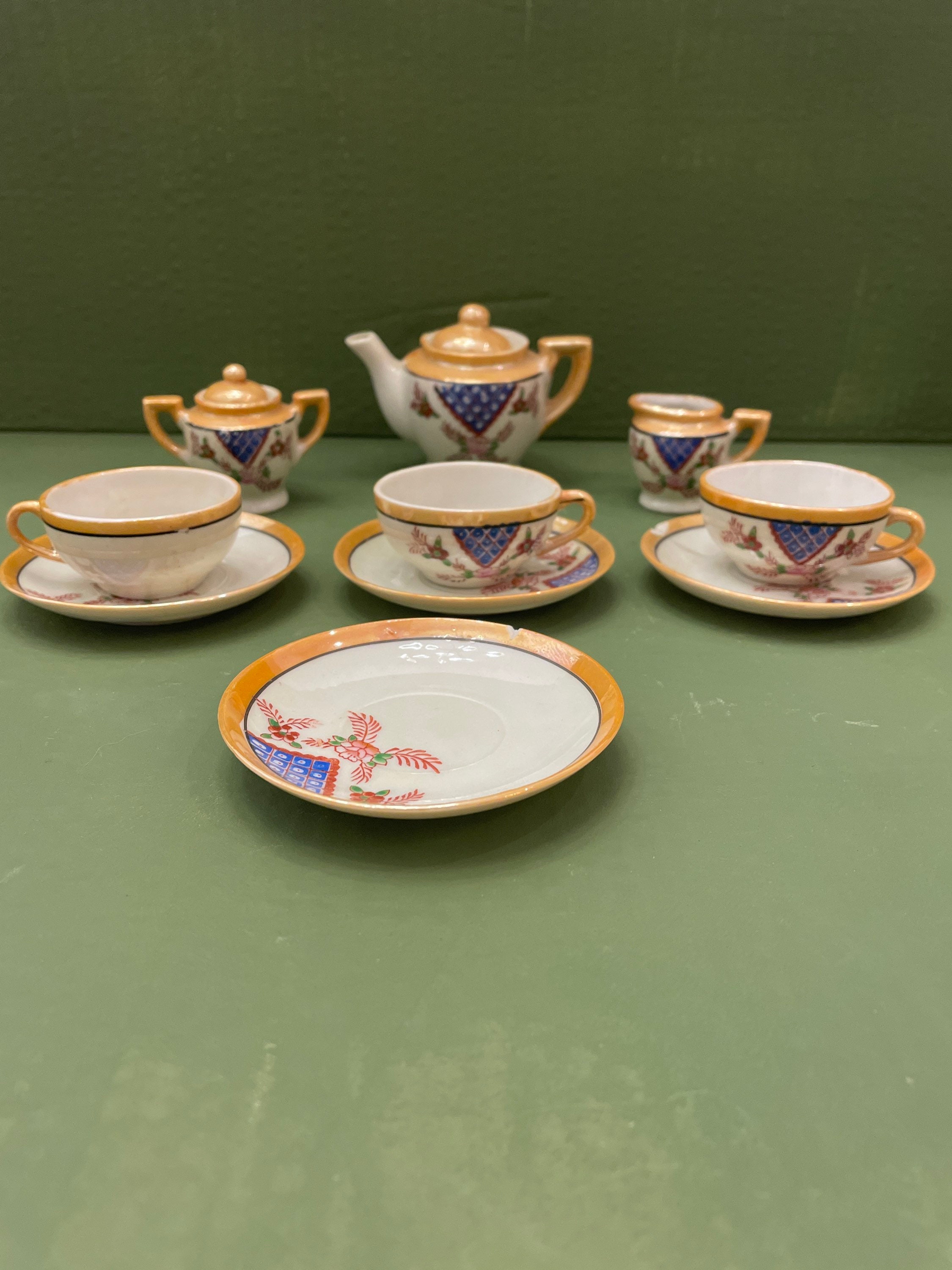 Service à Thé Japonais Vintage Années 1930 – Porcelaine Lustreware émaux Métal – Motif Floral