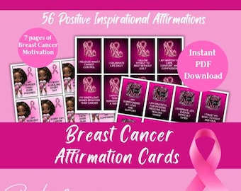 Puede incluir: Tarjetas rosas de afirmaciones sobre el cáncer de mama con el texto: "Breast Cancer Affirmations" y "56 Positive Inspirational Affirmations". Las tarjetas incluyen afirmaciones y el texto "Instant PDF Download."