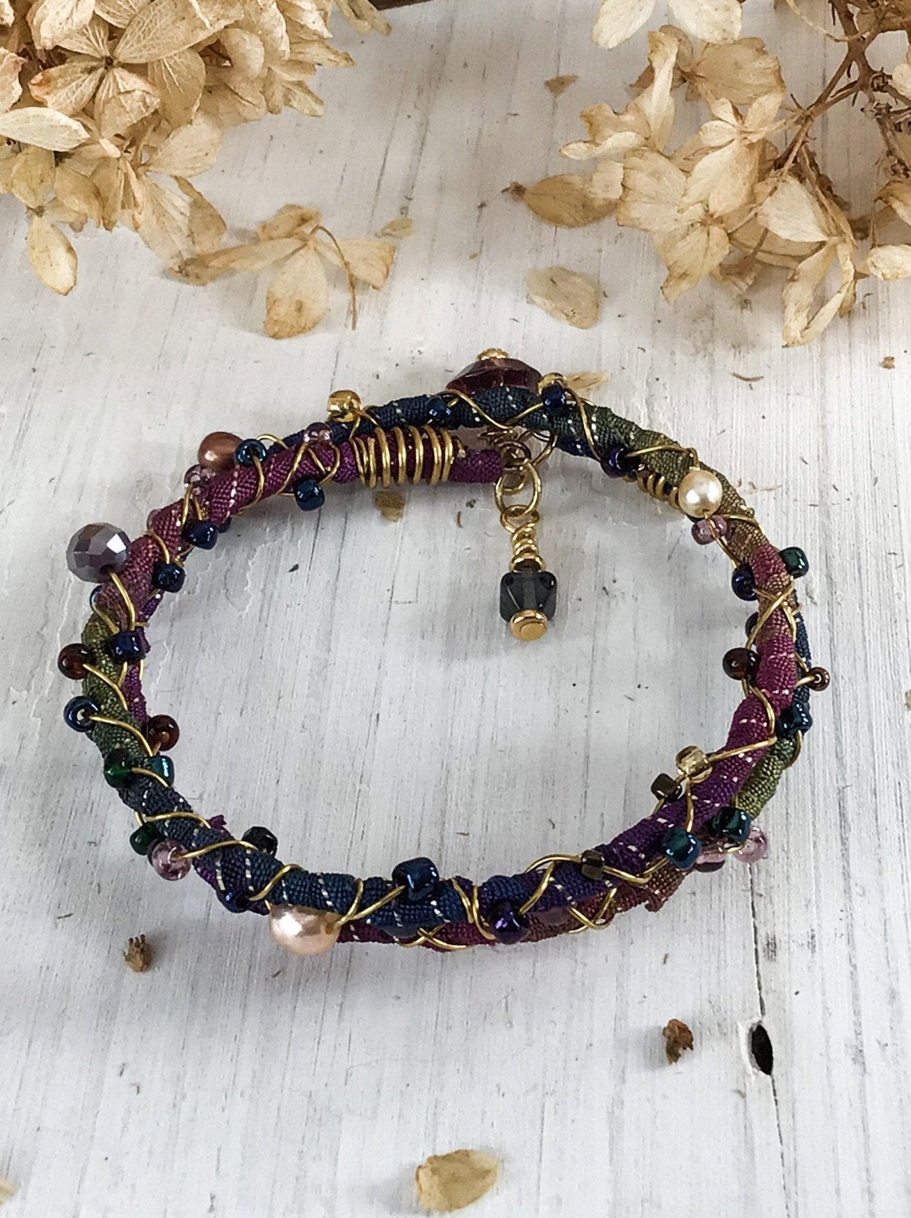 Fabric wrapped memory wire bracelet with a variety of beads Etsy