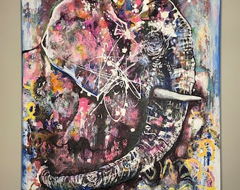 May include: Abstract painting of an elephant's head with a colorful background. The elephant's trunk is curled up and the painting has a lot of white paint splatters.