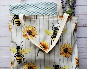 Bolso de lona con diseño de abeja y girasol / Bolso reutilizable / Bolso de playa / Bolso para libros / Regalo para ella / Ecológico / Bolso sostenible / Bolsa para la compra