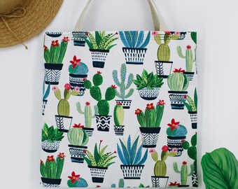 Bolso de lona con estampado de cactus / Bolso hecho a mano / Bolso de playa / Bolso para libros / Ecológico / Bolso con bolsillo / Regalo para ella / Bolso para plantas