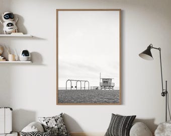 Manhattan Beach Lifeguard Tower Print: Longfellow Beach, Neutral Black and White Coastal Wall Art