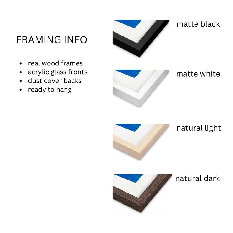 Pu&ograve; includere: Opzioni di incorniciatura per opere d'arte, tra cui cornici nere opache, bianche opache, di luce naturale e di colore scuro naturale. Le cornici sono realizzate in legno vero e hanno frontali in vetro acrilico. Hanno anche schienali antipolvere e sono pronte per essere appese.