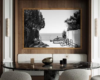 Vista panorámica de San Clemente El Porto, arte mural vintage de la costa de California, fotografía en blanco y negro.