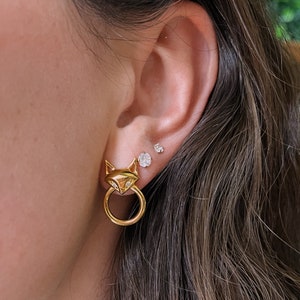 Fox Head Door Knocker Earring, Fox Hoops, Animal Hoop Earrings, Nine Tail Fox Earring, Sterling Silver Animal Earring